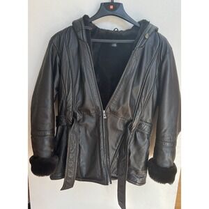 Vintage Wilsons Leather WL 100% Leather Shell Brown Hooded Jacket Fur Full Zip L